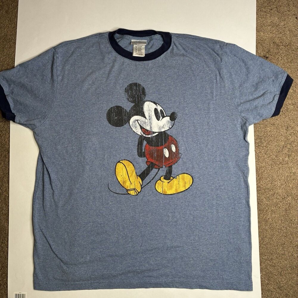Disney Parks Mickey Heathered Blue Vintage Wash Ringer Tee Men’s Size XL